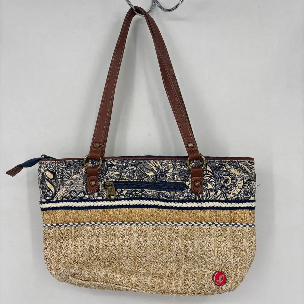 Sakroots Ellis Straw Satchel Shoulder Bag Blue Floral Boho Leather Trim Handbag - Picture 5 of 11